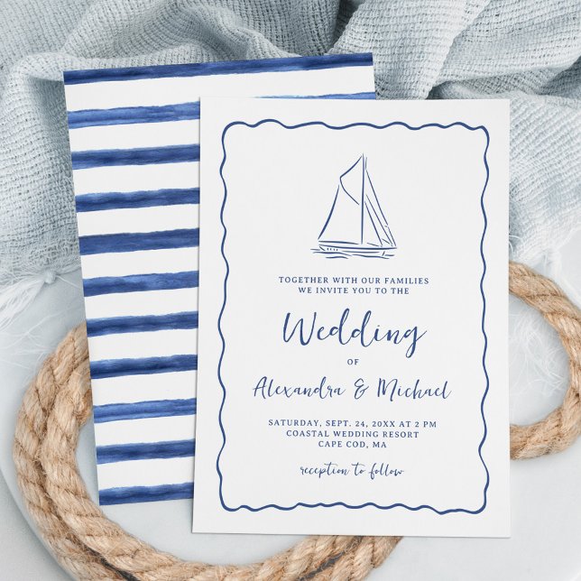 Invitation Hand Drawn Nautical Sailboat Navy Blue Wedding (Créateur téléchargé)