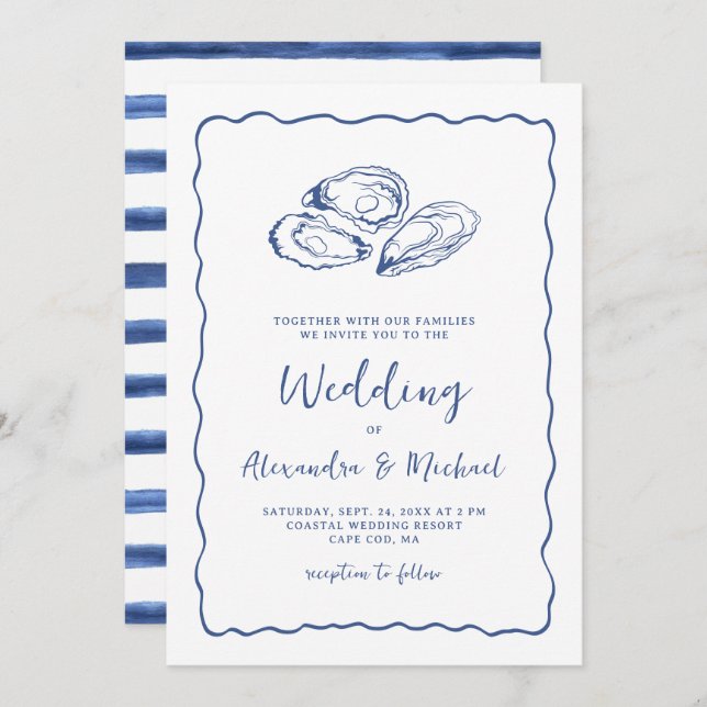 Invitation Hand Drawn Oysters Coastal Navy Blue Wedding (Devant / Derrière)