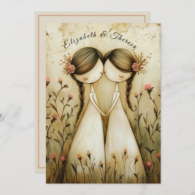 Invitation Hand Drawn Pencil Illustration Two Brides Wedding (Devant / Derrière)