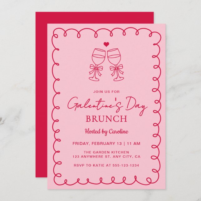 Invitation Hand Drawn Pink Red Galentine's Day Brunch (Devant / Derrière)