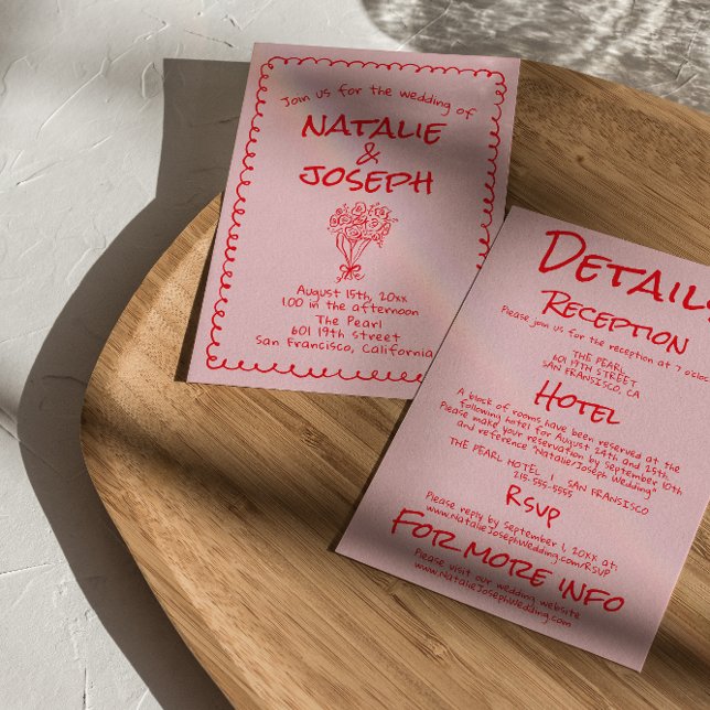 Invitation Hand Drawn Pink Red Retro All In One Wedding (Créateur téléchargé)