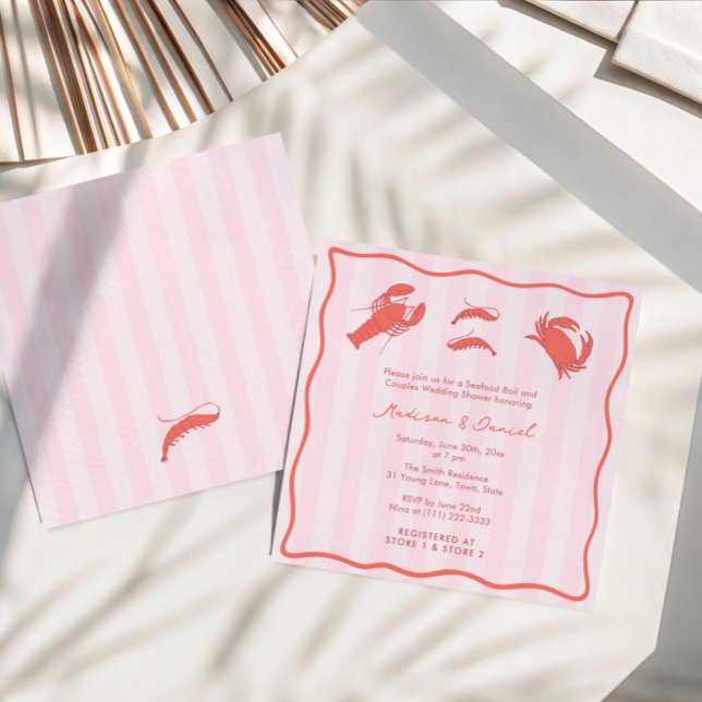 Invitation Hand-Drawn Pink Red Seafood Boil Couples Shower (Modern Pink Red Orange Hand-drawn seafood boil couples shower invitations with stripes + wavy border)