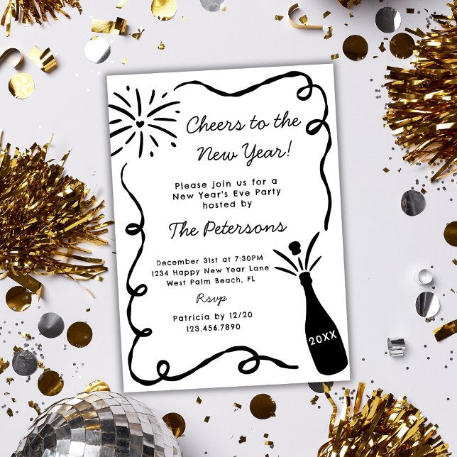 Invitation Hand Drawn Popping Champagne New Years Eve Party (Créateur téléchargé)