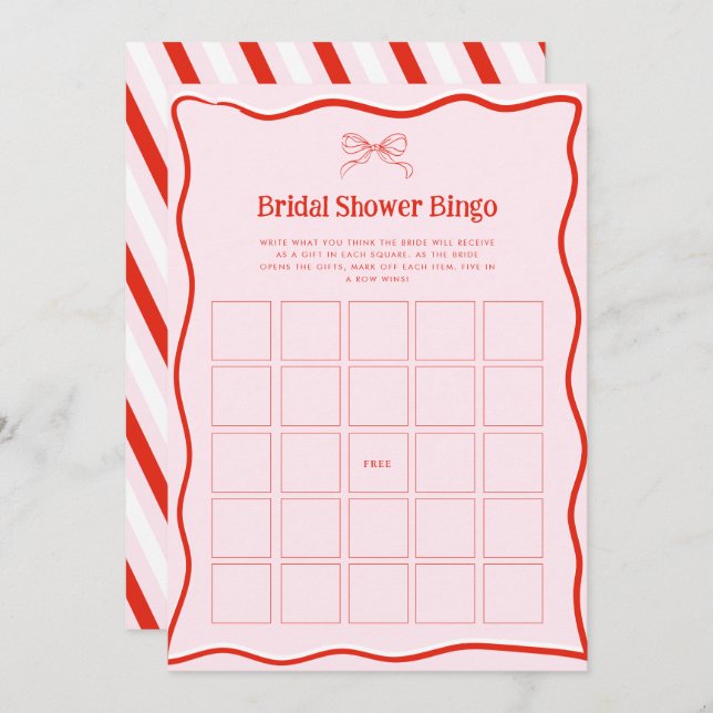 Invitation Hand Drawn Red Pink Bow Bridal Shower Bingo Game (Devant / Derrière)