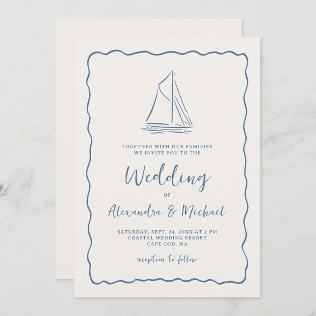 Invitation Hand Drawn Sailboat Blue Ivory Nautical Wedding (Devant / Derrière)