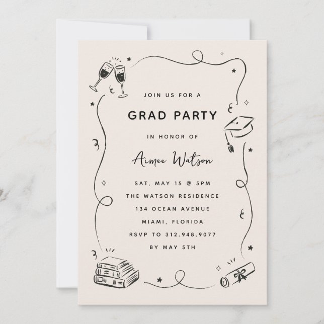 Invitation Hand-Drawn Scribble Doodles Graduation Party (Devant)