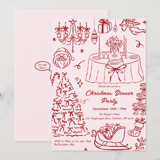 Invitation Hand Drawn Squiggle Doodles Christmas Party Invita (Devant / Derrière)