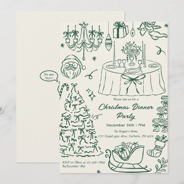 Invitation Hand Drawn Squiggle Doodles Christmas Party Invita (Devant / Derrière)