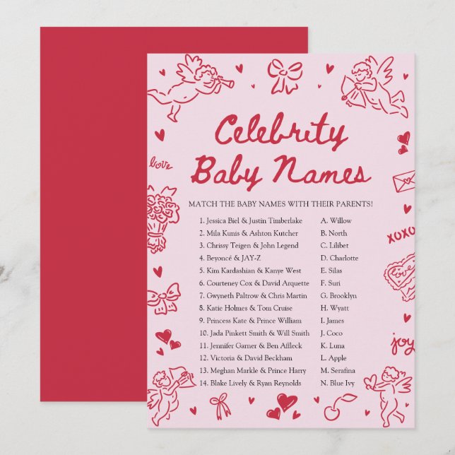 Invitation Hand Drawn Valentine Celebrity Baby Name Game (Devant / Derrière)