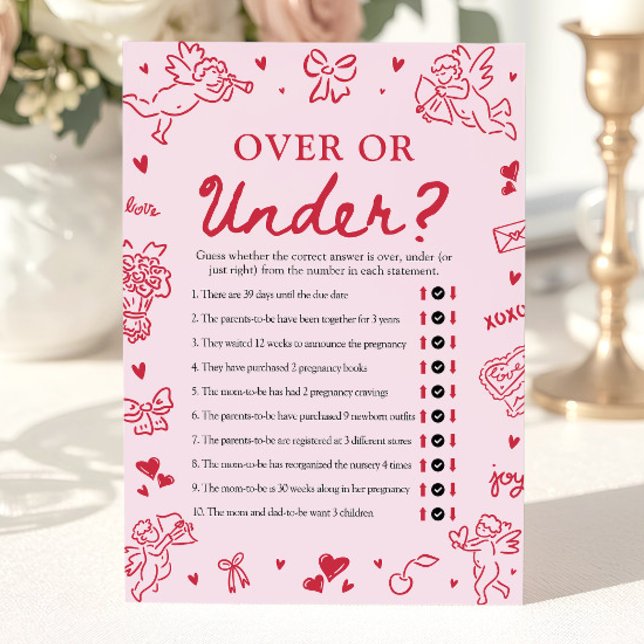 Invitation Hand Drawn Valentine Over Or Under Baby Shower (Hand Drawn Valentine Over Or Under Baby Shower Game)