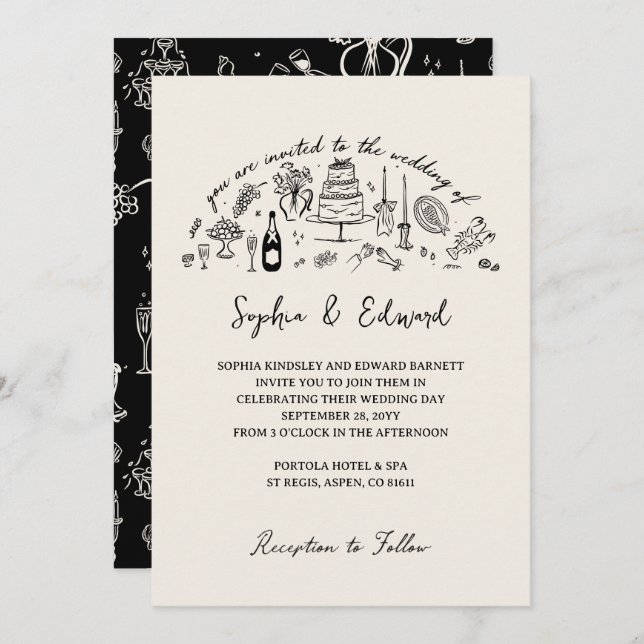 Invitation Hand-drawn whimsical line art wedding style (Devant / Derrière)