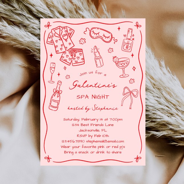 Invitation Hand Drawn Whimsical Pink Red Galentines Spa Party (Créateur téléchargé)