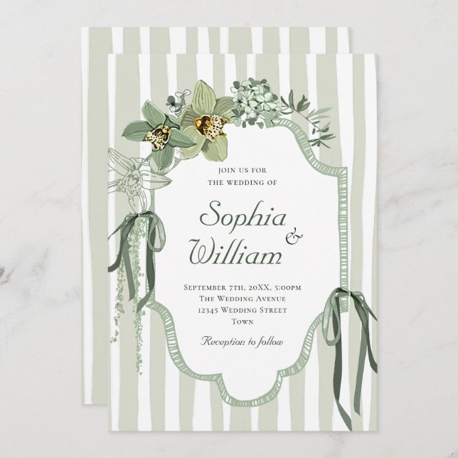 Invitation Hand Painted Sage Green Orchids Wedding (Devant / Derrière)