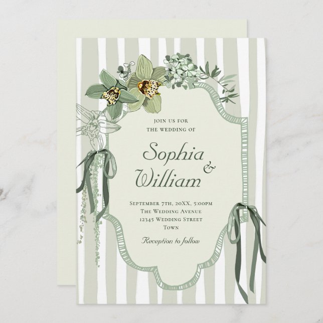 Invitation Hand Painted Sage Green Orchids Wedding (Devant / Derrière)