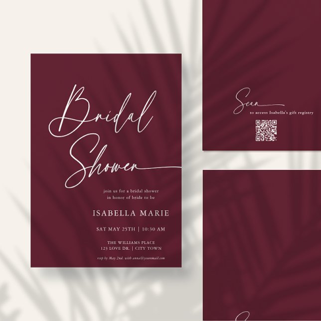 Invitation Handwritten Modern MInimal Burgundy Bridal Shower (Front and back of flat 5x7 bridal shower invitation. Choose size, corner + paper style.)
