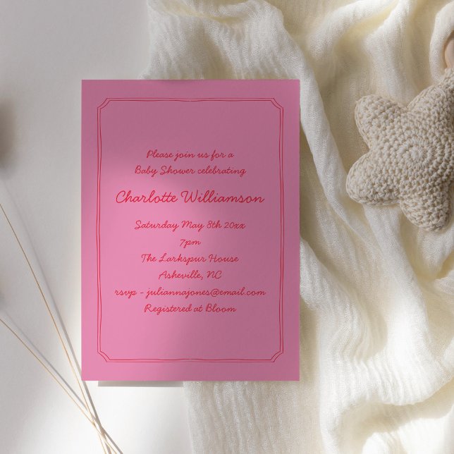 Invitation Handwritten Script Pink Red Border Baby Shower (Créateur téléchargé)