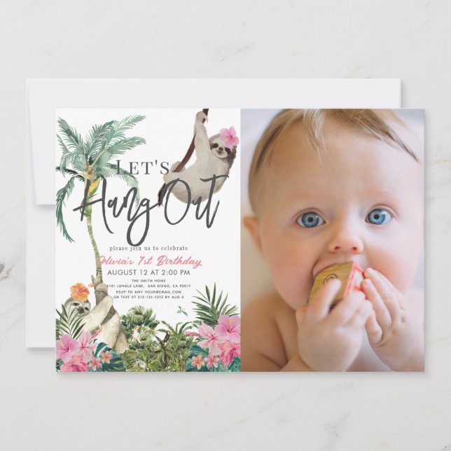 Invitation Hang Out Sloth Girl 1er Anniversaire Photo (Devant)