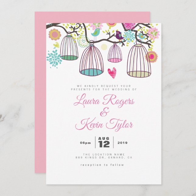 Invitation Hanging Love-Birds Cages & Fleurs Rétro (Devant / Derrière)
