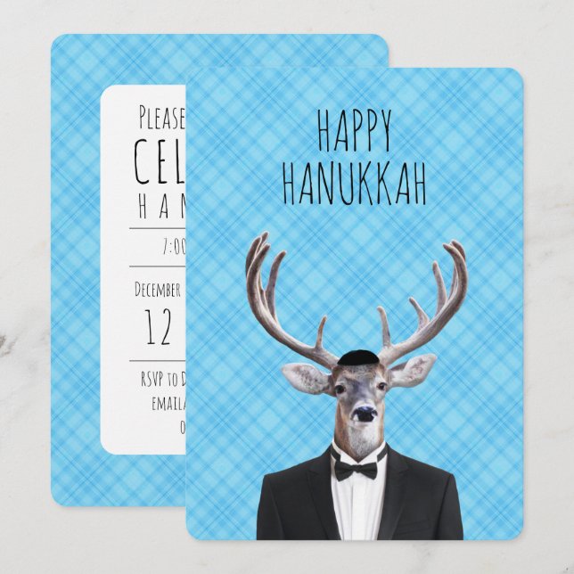 Invitation Hanoukka Deer avec Tux et Yarmulke (Devant / Derrière)