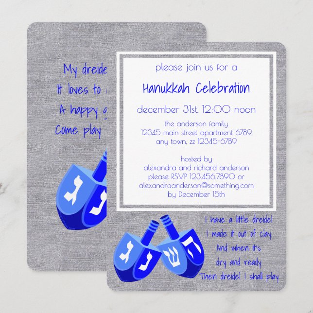 Invitation Hanoukka Dreidels Dans Blue Dreidel Song Party (Devant / Derrière)