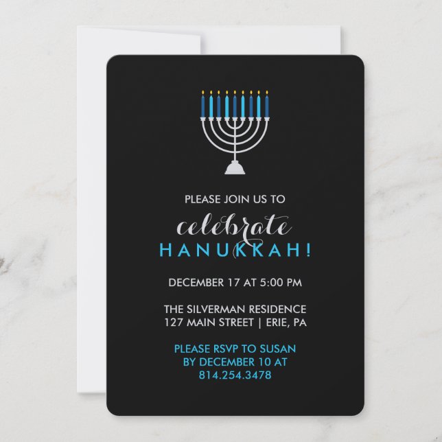 Invitation Hanoukka en fête avec la Menorah d'argent sur le n (Devant)