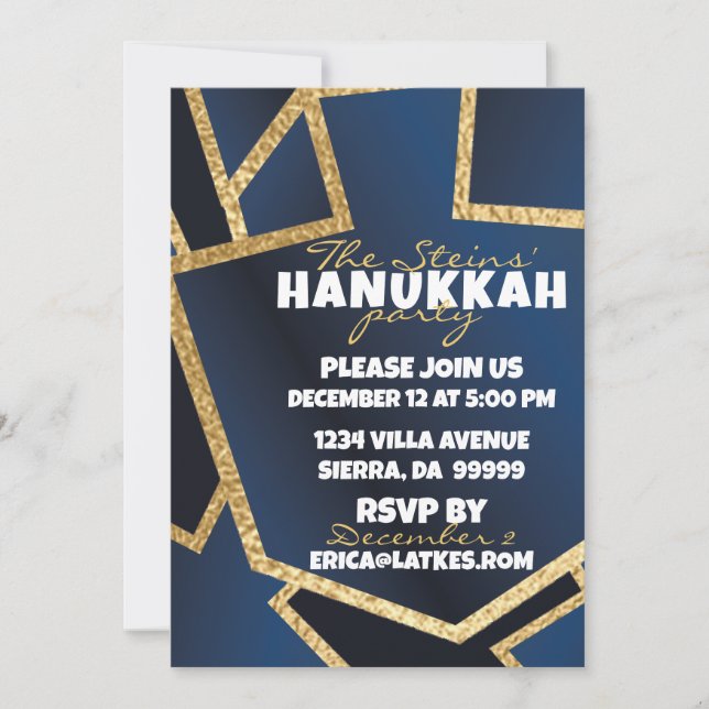 Invitation Hanoukka Golden Dreidels Navy Blue (Devant)