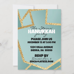 Invitation Hanoukka Golden Dreidels Turquoise