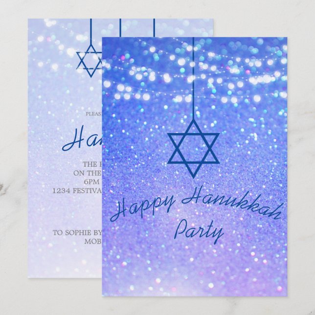 Invitation Hanoukka Party Lumières Parties scintillant Blue S (Devant / Derrière)