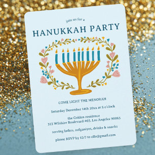 Invitation HANOUKKA PARTY Menorah couronne florale CUSTOM