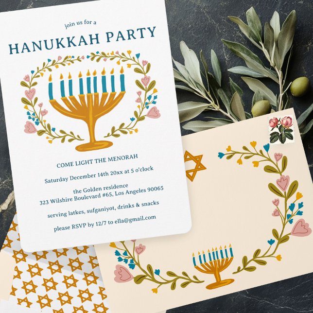 Invitation HANOUKKA PARTY Menorah couronne florale CUSTOM (HANUKKAH PARTY Menorah floral wreath CUSTOM Invitation
)