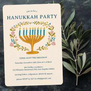 Invitation HANOUKKA PARTY Menorah couronne florale CUSTOM