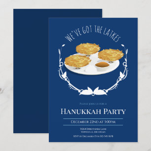 Invitation Hanoukka Party Smiling Latkes Blue White Holiday