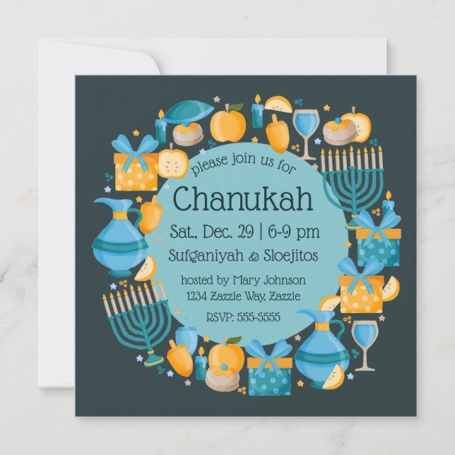 Invitation Hanoukka Wreath Blue Party (Devant)