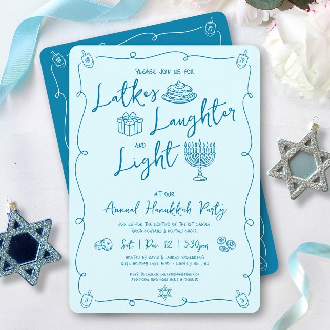 Invitation Hanukkah Latke Laughter Light Teal Doodles Party (Créateur téléchargé)
