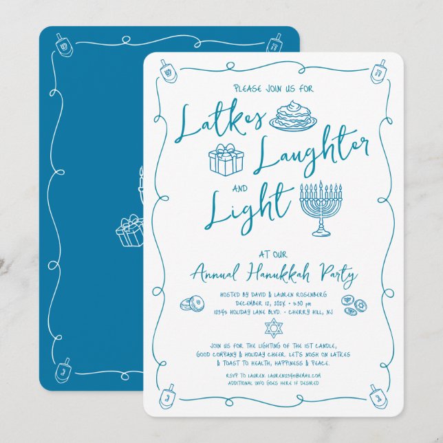 Invitation Hanukkah Latke Laughter Light Whimsical Fun Doodle (Devant / Derrière)