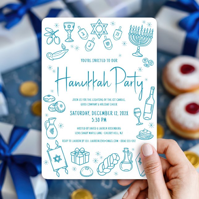 Invitation Hanukkah Teal Hand Drawn Doodles Whimsical Party (Créateur téléchargé)