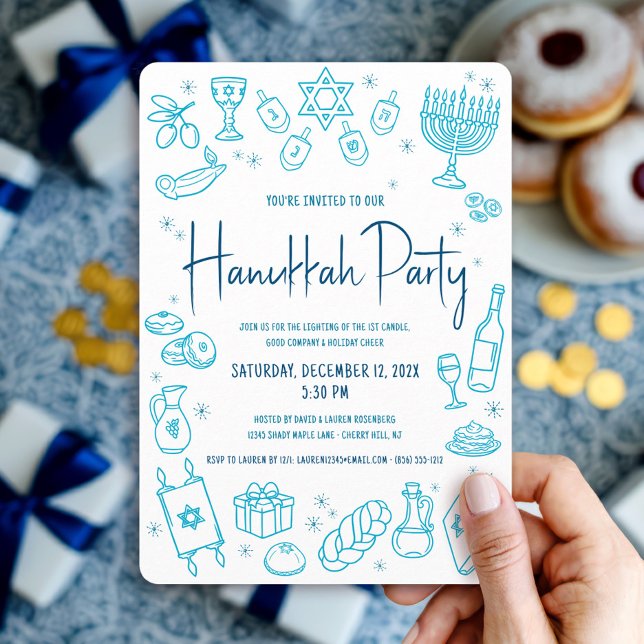 Invitation Hanukkah Turquoise Hand Drawn Doodle Playful Party (Créateur téléchargé)