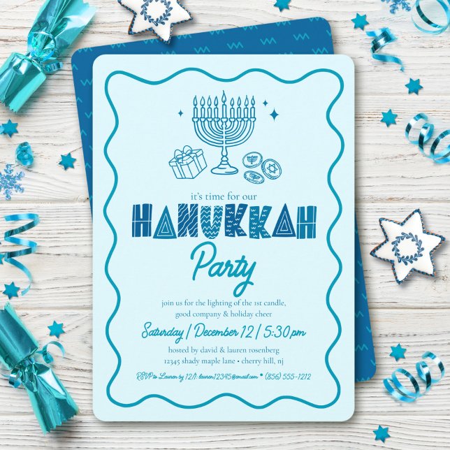 Invitation Hanukkah Turquoise Typography Playful Doodle Party (Créateur téléchargé)