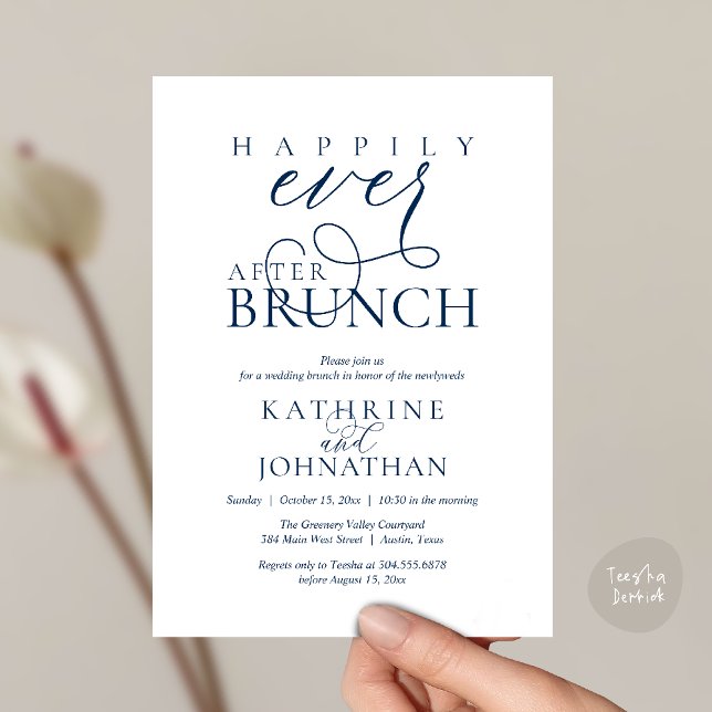 Invitation Happily Ever After Brunch Post Wedding Elopement (Happily Ever After Brunch Post Wedding Elopement Reception Invitation Card in Navy Blue)