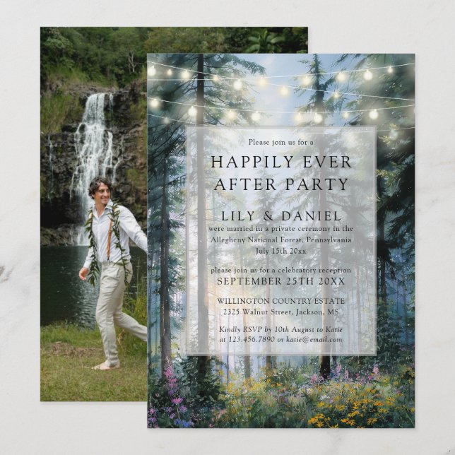 Invitation Happily Ever After Forest Lights Wedding Photo (Devant / Derrière)