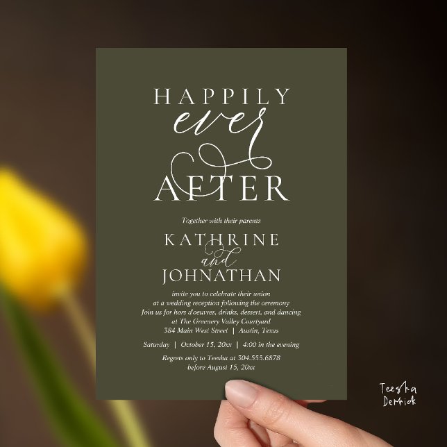 Invitation Happily Ever After, Modern Wedding Reception (Happily Ever After, Modern Wedding Reception hors d'oeuvres Drinks Dancing Invites Card Olive Green)