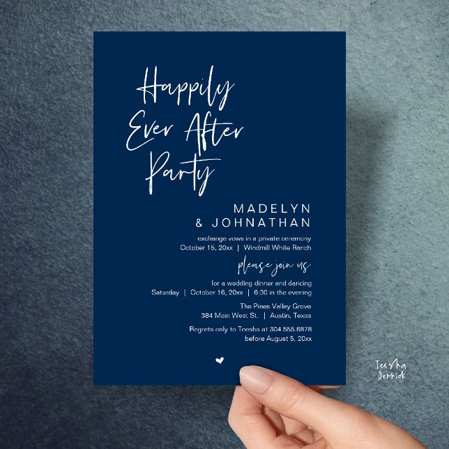 Invitation Happily Ever After Party, Modern Wedding Reception (Happily Ever After Party, Modern Wedding Reception Dinner Invitation card in navy blue)