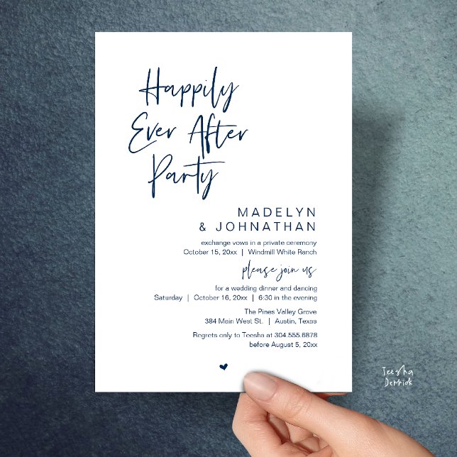 Invitation Happily Ever After Party, Modern Wedding Reception (Happily Ever After Party, Modern Wedding Reception Dinner Invitation card in navy blue)