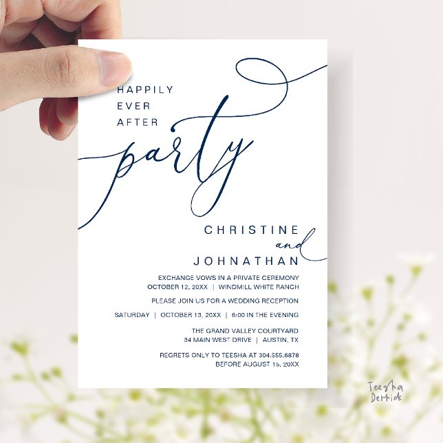 Invitation Happily Ever After Party Romantic Weds Reception (Happily Ever After Party Romantic Weds Reception Invitation Card in Navy Blue)