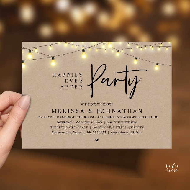 Invitation Happily Ever After Party, Rustic String Lights (Happily Ever After Party, Rustic Wedding String Lights Invitation card, Reception Brown Kraft )