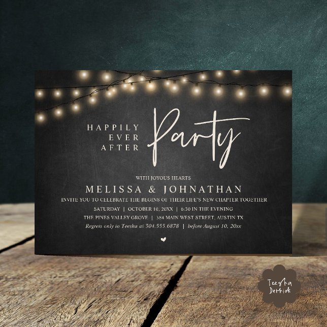 Invitation Happily Ever After Party, Rustic String Lights (Happily Ever After Party, Rustic Wedding String Lights Invitation card, Reception chalkboard)