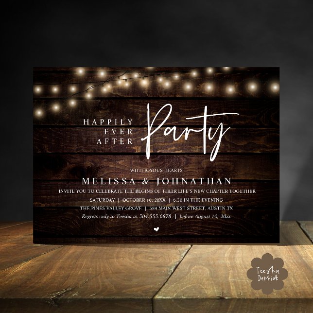 Invitation Happily Ever After Party, Rustic String Lights (Happily Ever After Party, Rustic Wedding String Lights Invitation card, Reception Brown Wood)
