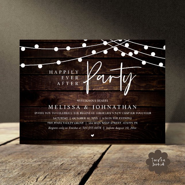 Invitation Happily Ever After Party, Rustic String Lights (Happily Ever After Party, Rustic Wedding String Lights Invitation card, Reception brown wood)