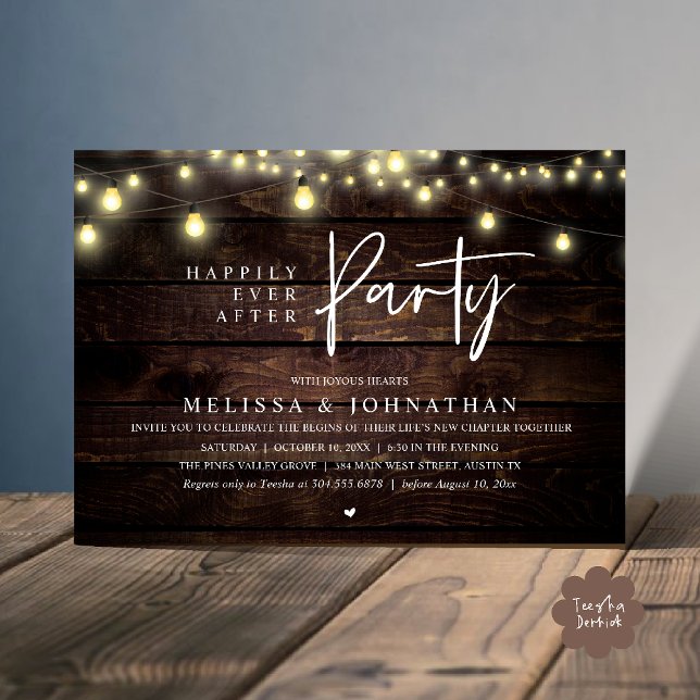 Invitation Happily Ever After Party, Rustic String Lights (Happily Ever After Party, Rustic Wedding String Lights Invitation card, Reception Brown Wood )