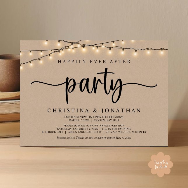 Invitation Happily Ever After Party, Rustic String Lights Wed (Happily Ever After Party, Rustic String Lights Wed Invitation Card, Dark Brown kraft Background)